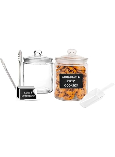 PESCADOR Glass Lidded Storage Jars Set With Chalk, Shovels, Tongs, Labels, Set of 2, 1.7 L, Clear