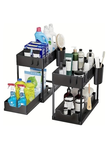 Sliding Cabinet Basket Organizer 2-Tier with 5 Hooks&amp; 2 Cup, Pull Out Drawer Storage for Kitchen/Bathroom Sink, Black Space-Saving Organizer (Multi-Purpose)