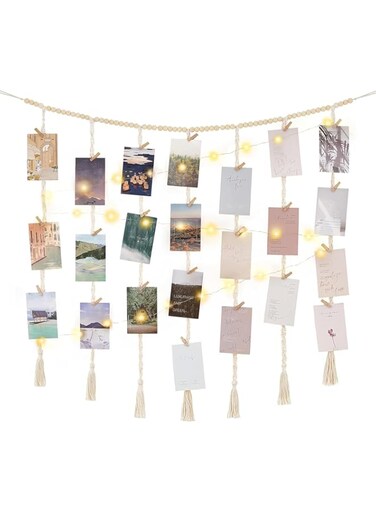 Tazweeq Hanging Photo Display with Clips, Wall Boho Decor Beads Garland, Hanging Photo Display Wall, Hanging Photo Display Wall with lights, Suitable for Bedroom, Living Room, Office, Dorm Decor