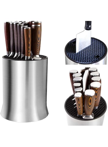 Universal Knife Blocks, Holders with Slots for Scissors and Sharpening Rod and Detach for Easy Cleaning, Stainless Steel, Rust Proof (18x23cm)