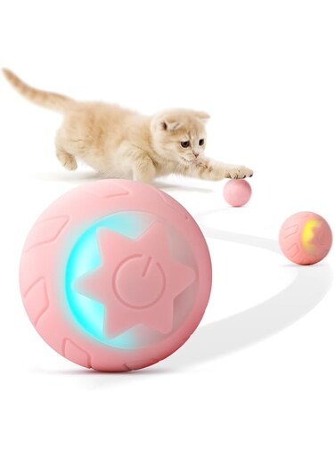 Mumoo Bear Interactive Cat Toy Ball, Cat Balls Automatic Moving Rolling Cat Toys for Indoor Cat Kitten, with 2 Modes, LED Lights Changeable, Type-C Rechargeable, Pink
