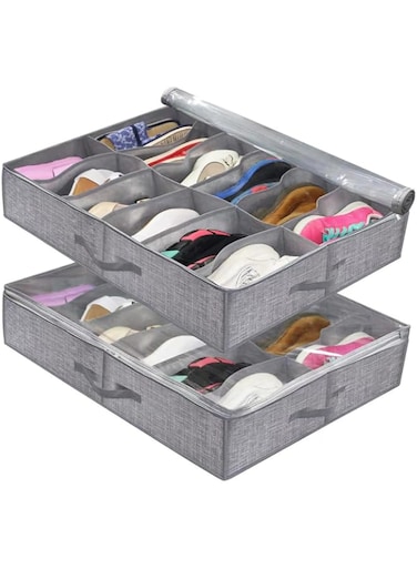 EOMECUIGAO Under Bed Shoe Organizer, 2 Pack Shoe Storage with Handles &amp; Clear Window, Sturdy Storage Solution Shoe Bags, Gray
