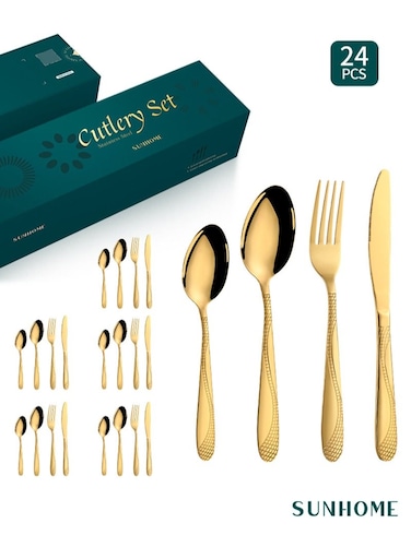 24-Piece Stainless Steel Cutlery Set Kitchen Utensil Set Western Tableware Suitable For Home Kitchen Restaurant Hotel Party Dining Picnic Dining Exquisite Packaging Gift Gold