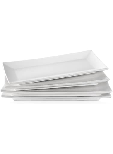 LIFVER Serving Platter, White Rectangle Serving Plate, 10 Inches Christmas Sushi Plate, Ceramic Long Serving Tray for Dinner, Parties, Dessert, Appetizer, Dishwasher Microwave Safe, Set of 4