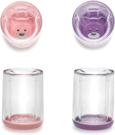 Melii Double-Walled Bear Cup 2 Pack &ndash; Reusable Plastic Drinking Cup (Pink + Purple 2 Pack)
