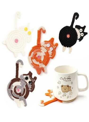 4PCS Drink Coaster Cat Gifts for Cat Lovers, Fun Woven Creative Coasters,Cute Coffee Coaster for Home Decor Tabletop Protection Suitable for Kinds Cups