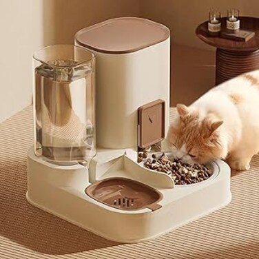 MISTHO Cat Feeder and Water Dispenser, 2 in 1 Automatic Pet Water Dispenser Removable Ceramic Food Bowl Set Pet Food Storage for Small Dogs Puppies Cats Kittens Pets