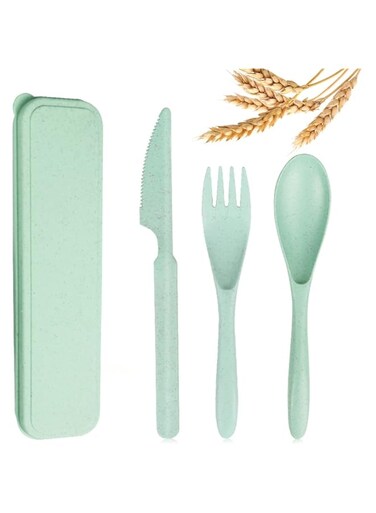 STAR WORK Reusable Utensil Set with Case,Travel Utensil,Wheat Straw Silverware Including Knife Spoon Fork 4 Sets for Travel Picnic Camping or Daily Use (Mint)
