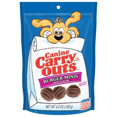 Canine Carry Outs  Snacks Burger Minis Beef Flavour Dog Treats 128g - 4.5 oz.