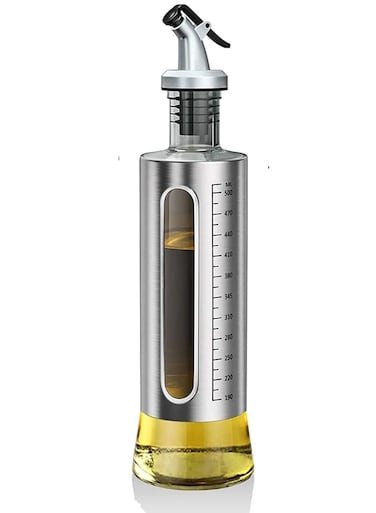 Oil Bottle 500ml Oil Dispenser Bottle Stainless Steel embedded Glass Oil Cruet Bottle with Measuring Scale for Olive Oil Sauces Vinegar Leak Proof bottle with Auto Flip Non Drip Spout