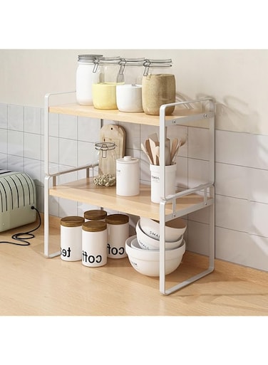 2-Tier Kitchen Shelf Organizer, Kitchen Countertop Shelf, Sturdy Iron Space-Saving Storage Spice Rack for Countertop, Pantry, Bathroom, Stackable Shelf for Spices, Books, Plants (White)