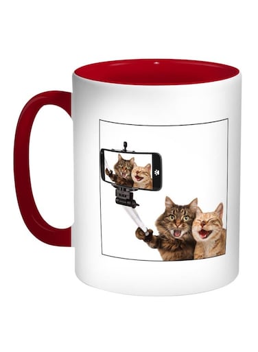 Cat Printed Coffee Mug White/Red/Brown 11ounce