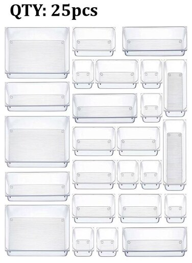 25 Piece Clear Plastic Drawer Organizer Tray Drawer Dividers Storage Bins for Bathroom Vanity &amp; Accessories Storage Small &amp; Large Plastic Containers for Makeup Kitchen &amp; Utensils