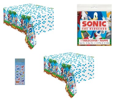 Unique Sonic Birthday Party Supplies Bundle includes 2 Plastic Table Covers 54" x 84" and 1 Dinosaur Sticker Sheet