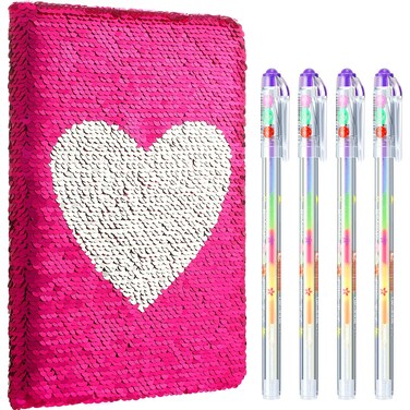 Outus 4 Pcs Sequin Notebook Christmas Journal Gift, Vibrant Pink, Heart