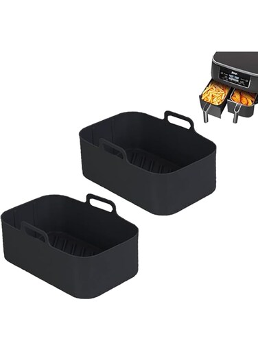 PYEBE 2PCS Air Fryer Silicone Pot for Ninja Foodi Dual DZ201,Reusable Air Fryer Silicone Liners,Rectangle Air Fryer Basket 8QT, Air fryer Accessories (Black)