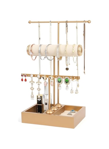 Diylove Jewelry Holder Organizer Jewelry Stand, 3 Tier Jewelry Organizer,Jewelry Display Rack Tree Jewelry Tower for Earring Bracelet Ring Necklace,Tabletop Jewelry Organizer for Girls (Gold)
