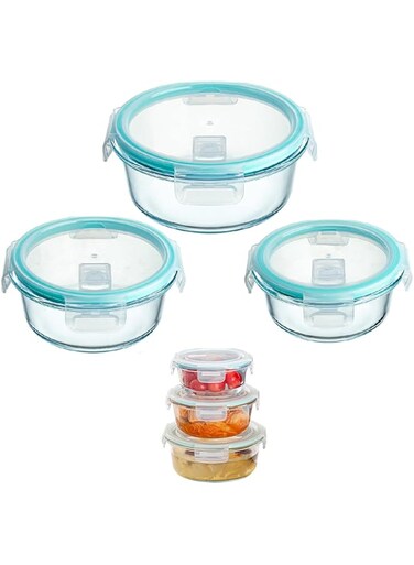 Tycom Glass Meal Prep Containers (3 pcs Round) - Glass Food Storage Containers with Lids, Glass Lunch Box, Portion Control, Airtight, Glass Bento Box Lunch Containers- 3P Round Blue