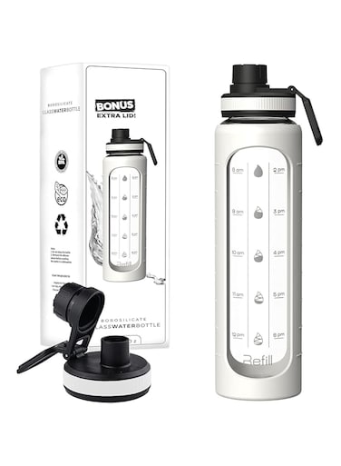 ALMEKAQUZ 32 oz Glass Water Bottle with Time Marks, Silicone Sleeve, Motivational, Leakproof, BPA Free, 1 Liter, White, Perfect for Fitness, Hiking, Sports, Travel, Active Lifestyle, On-the-Go Use