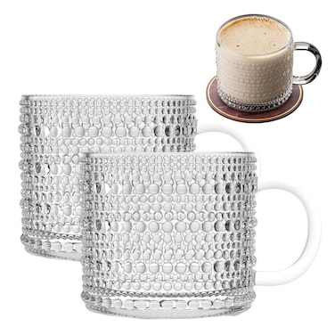 كوب قهوة زجاجي بمقبض - طقم أكواب شاي من قطعتين، كبير الحجم، مزين بنقاط، أكواب قهوة للمشروبات الدافئة   مثالي للكابتشينو واللاتيه والشاي والإسبريسو