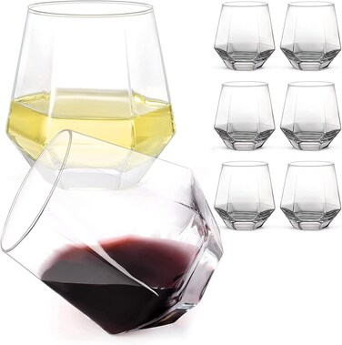 Tumbler - Set of 6 Stemless Wine Glasses, Whiskey Glasses, Diamond Whisky Glasses, Modern Glasses for Cocktail, Bourbon, Whiskey, Birthday, Party