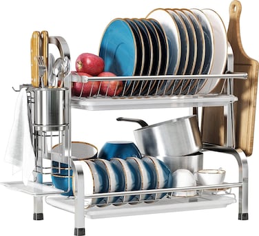 Dish Drying Rack, Stainless Steel 2 Tier Dish Rack with Drain Board, Utensil Holder, Cutting Board Holder, Non-Rust Dish Drainers
