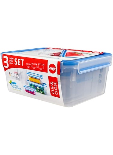 Emsa 508567 Clip &amp; Close 3-piece set of food storage containers volume in litres 1; 2.3; 3.7, transparent/blue