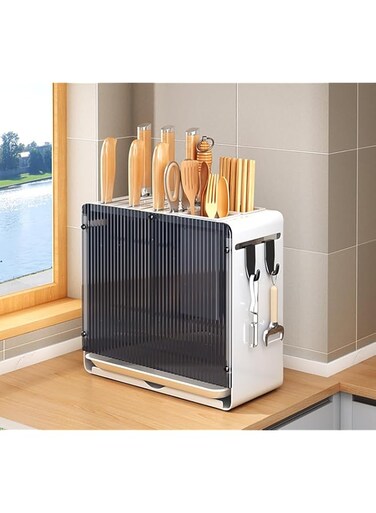 ALMEKAQUZ Kitchen Knife Holder Organizer, Stainless Steel Universal Knife Block for Kitchen Counter, Space-Saving Knife Storage Organizer Countertop,No Cutting Board Rack(Black and White)