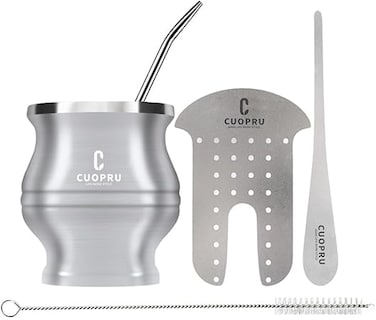 Cuopru Yerba Mate Cup Bombilla - Mate Gourd Set Includes Double Walled Stainless Steel Tea Cup, Tea Shaper set, Bombilla Straws, Cleaning Brush
