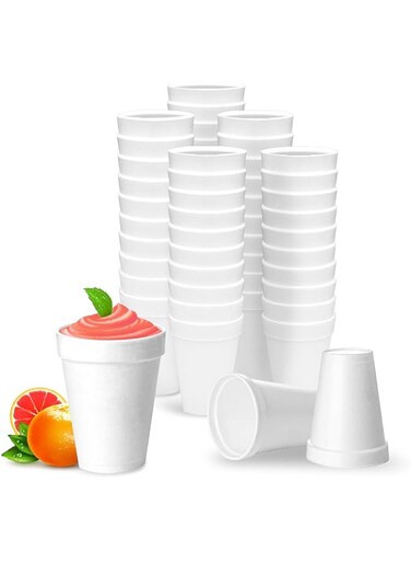 TERRIFI 12 Oz Disposable Styrofoam Cups, 50 Pcs White Foam Cup Insulates Hot &amp; Cold Beverages, Made in the USA, To-Go Cups - for Coffee, Tea, Hot Cocoa, Soup, Broth, Smoothie, Soda, Juice