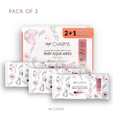 Baby Aqua Wipes, 60 Sheets (2+1 Value Pack)- Gentle Cleansing Formula with Aloe Vera, Water base, Gentle for Newborns, No Harsh Chemicals, Unscented, pH-Balanced, Rash-Free, Hypoallergenic