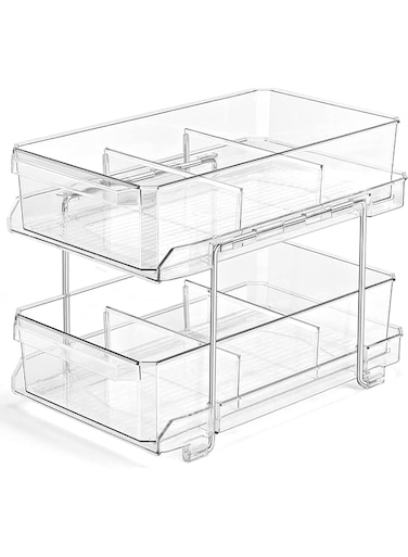 MIXDE 2 Tier Clear Organizer with Dividers, Multi-Purpose Slide-Out Storage Container, Bathroom Vanity Counter Organizing Tray, Under Sink Closet Organization, Kitchen Pantry Storage Bins