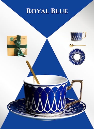 Ceramic Royal Blue Coffee Cup Saucer Spoon Set ,Coffee Mug Set, Gift Box Set,Cup Wall Thickened,Heat Insulation, Smooth and Delicate Glaze, for Espresso, Latte ,Tea. for Kitchen Daily, Wedding Party, Hotel Restaurant,Ramadan Gifts