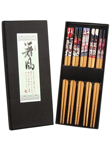 SYOSI Bamboo Chopsticks - Premium 5-Pack Japanese Reusable Chopsticks with Fortune Cat Print - Natural Food-Grade Chop Sticks for Sushi, Asian Dishes