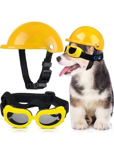 NALACAL 2Pcs Dog Helmet and Goggles, 4 Inch Padded Pet Motorcycle Helmet, Dog Sunglasses, Pet Outdoor Sun Protection Visor Hat, Pet UV Protection, Safety Pet Cap, Adorable Puppy Goggles, Yellow