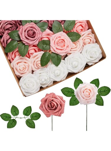 Joyzzz Artificial Roses, 25pcs Real Looking Foam Flowers with Stems, Blush Pink Ombre Colors Foam Fake Roses for DIY Wedding Bouquets Centerpieces Floral Arrangements Party Tables Home Decorations