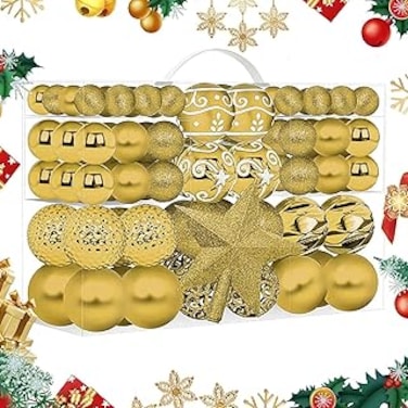 101 Piece Christmas Balls Ornaments Set with Xmas Tree Topper, Christmas Tree Hanging Balls Shatterproof Hanging Ball Ornaments Holiday Party Christmas Decoration Balls for Christmas (Gold)