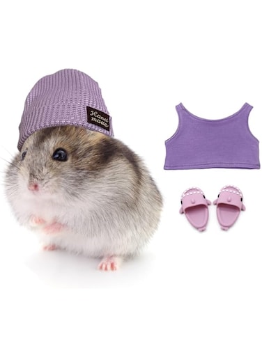 KnocKconK Hamster Costume Set with Shirt, Hat, Shoes, Small Animal Cute Shark Slipper for Real Pets, Cute Mini Rat Holiday Party Clothes, for Fun, Photos. (Purple)