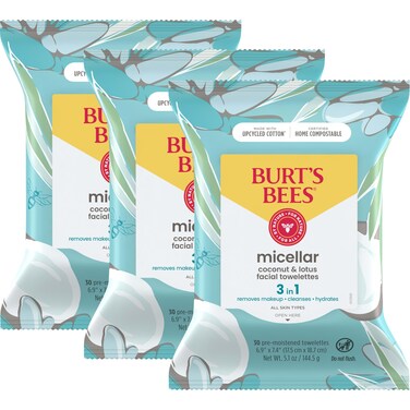 Burt's BeesCoconut &amp; Lotus Face Wipes, for All Skin Types, College Back to School Dorm Essentials, Micellar Makeup Remover &amp; Facial Cleansing Towelettes, 30 Ct. (3-Pack)