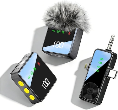 3-in-1 Wireless Lavalier Microphone for iPhone, Android, Cameras - Mini Microphone with Digital Display &amp; Noise Reduction(Black)