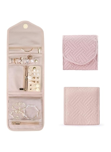 AUXIN Mini Travel Jewelry Organizer Case for Holiday Vacation Storage Earrings Studs Rings Necklaces Bracelets Brooches, Foldable Pouches Roll Bag for Women Ornaments (Pink)