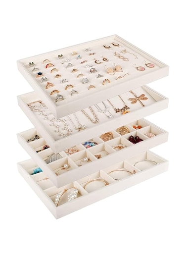 Mebbay Large Stackable Velvet Jewelry Trays Organizer, Jewelry Storage Display Trays for Drawer, Earring Necklace Bracelet Ring Organizer, Set of 4 (Warm White), 13.8" x 9.5" x 1.18