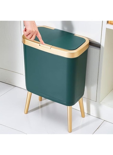 BIOPLJ 15L Slim Kitchen Trash Can, Narrow Trash Can Bathroom Garbage Can，Modern High Foot Garbage Bin, Plastic Garbage Can with Push Button for Kitchen, Bedroom, Office (Green)
