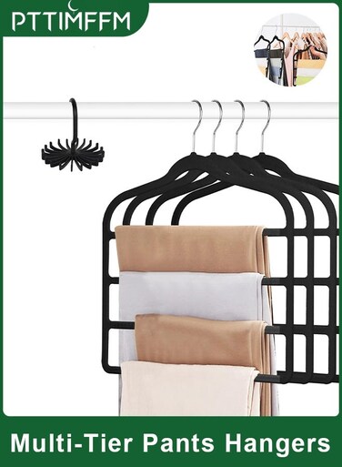 4-Pack Multi-Tier Velvet Pants Hangers with 360&Acirc;&deg; Rotating Tie Rack, Non-Slip Space-Saving Closet Organizer for Jeans, Trousers, Scarves, Belts