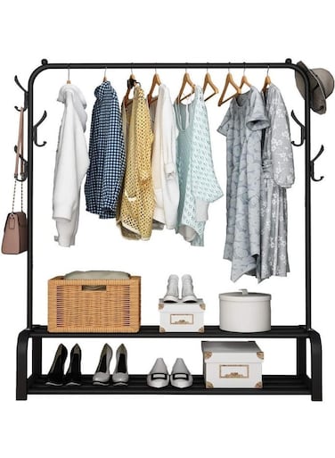 Multipurpose Clothing Garment Rack with Bottom Shelves,Metal Clothes Stand Rack with Rod and Lower Storage Shelf, Heavy Duty Coat Rack and Shoe Bench Storage Stand for Indoor Bedroom
