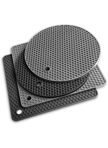PawPawU&reg; Silicone Trivet Mat, Heat Resistant Kitchen Hot Pot Holder Pad 4 Pack, Non Slip Countertop Protector Double as Jar Opener, Drying Mat, Utensil Rest(Grey &amp; Black)