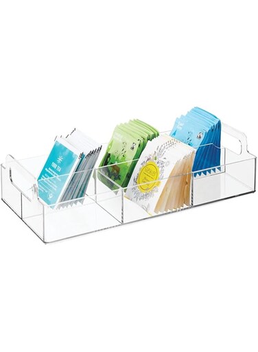 mDesign Kitchen Organiser Practical Tray With Handle For Kitchen And Pantry Storage Box With 6 Compartments Ideal For Tea Coffee Spices And Other Foodstuffs Clear