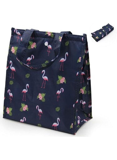 TERRIFI Insulated Lunch Bag, Lunch Tote Bag, Portable Foldable Lunch Box Bag, Reusable Lunch Bag for Work, School, Picnic (Navy Blue Flamingo)