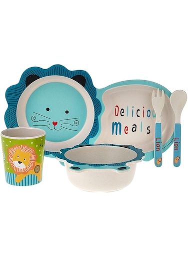 ZAD HOME Bamboo Fiber Plate, healthy Feeding Children Set 5 Pieces, Lovely Lion, Eco Friendly (ZH-2204-BLUE)