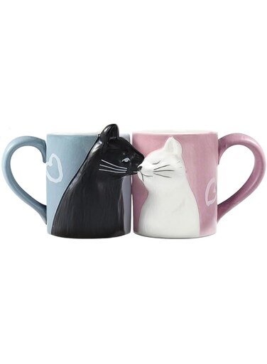 BigNoseDeer Kiss Cat Coffee Couple Mug set, Unique Funny Tea Ceramic Cup Set for Bride and Groom, Matching Gift For Birthday, Anniversary, Wedding, Engagement Valentines Day Girlfriend Wife (Cat mug)